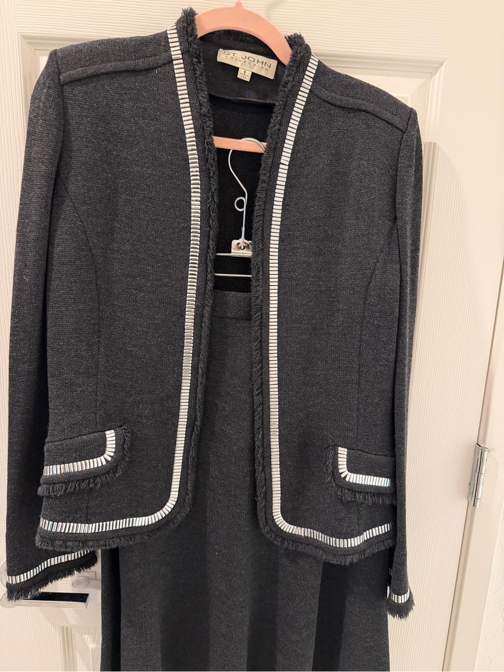 St. John Black Tweed Open-Front Jacket with White Trim